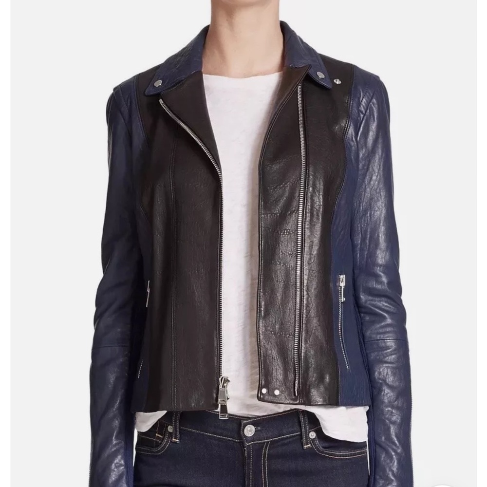 Vince Black Blue Asymmetrical Zipper Moto Lambskin Leather Jacket